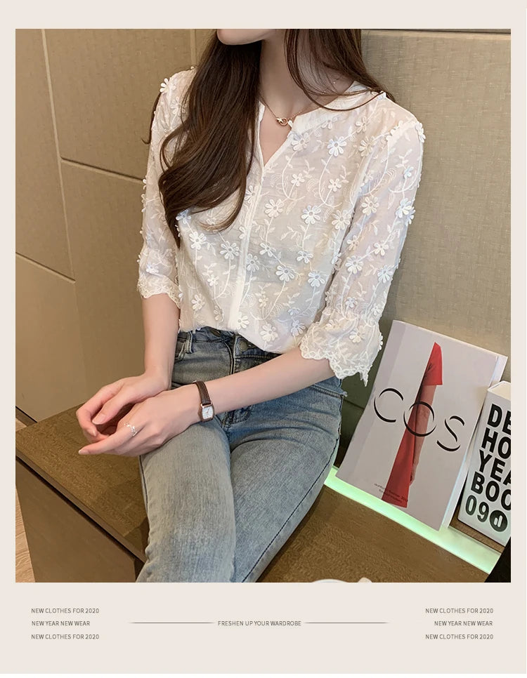 Women's Cotton Short Sleeve Lace Blouse, Summer Tops, Embroidery Floral, White Shirt, Fashion Casual Blouses, 9638