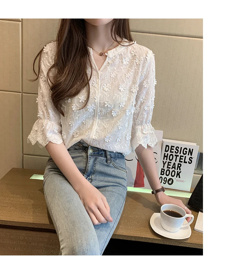 Women's Cotton Short Sleeve Lace Blouse, Summer Tops, Embroidery Floral, White Shirt, Fashion Casual Blouses, 9638