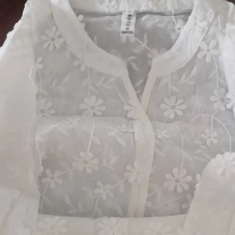 Women's Cotton Short Sleeve Lace Blouse, Summer Tops, Embroidery Floral, White Shirt, Fashion Casual Blouses, 9638
