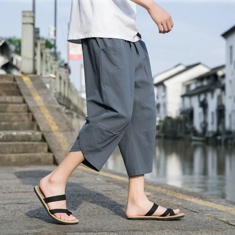 FGKKS 2024 Outdoor Casual Pants For Men Solid Color Slim-Fit Large Pocket Nine-Point Pants High Quality Casual Pants For Men