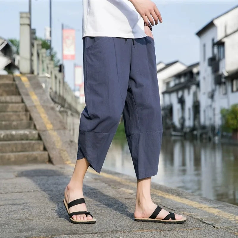 FGKKS 2024 Outdoor Casual Pants For Men Solid Color Slim-Fit Large Pocket Nine-Point Pants High Quality Casual Pants For Men