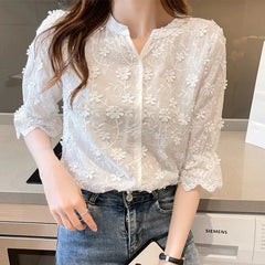 Women's Cotton Short Sleeve Lace Blouse, Summer Tops, Embroidery Floral, White Shirt, Fashion Casual Blouses, 9638