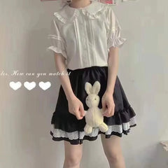 Zoki Japanese Sweet Women Blouses Lolita Style White Kawaii Peter Pan Collar Jk Shirt Cute Preppy Ruffle Puff Short Sleeve Tops