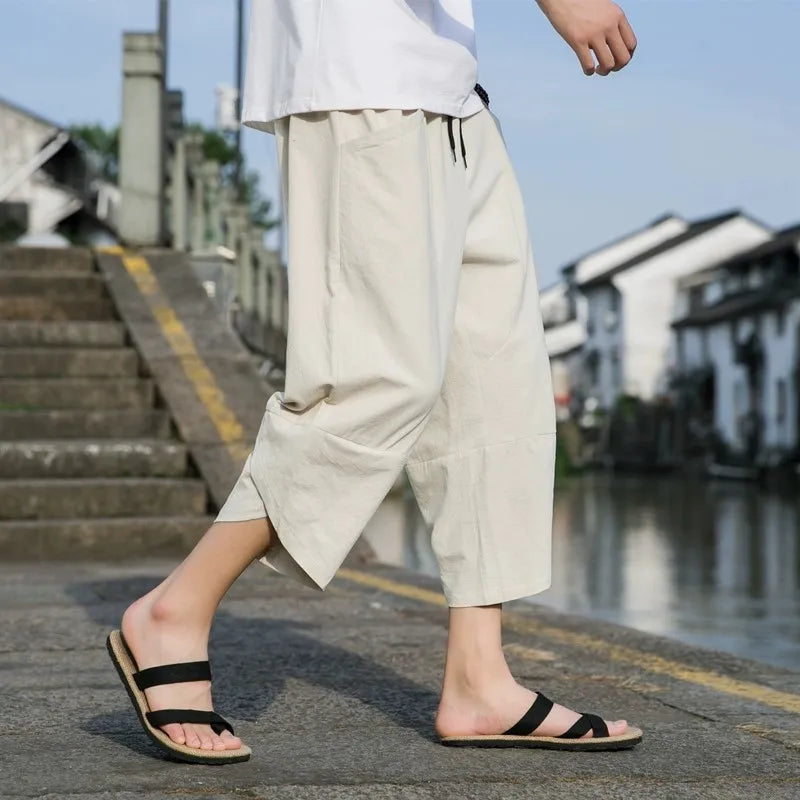 FGKKS 2024 Outdoor Casual Pants For Men Solid Color Slim-Fit Large Pocket Nine-Point Pants High Quality Casual Pants For Men