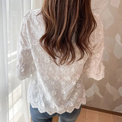 Women's Cotton Short Sleeve Lace Blouse, Summer Tops, Embroidery Floral, White Shirt, Fashion Casual Blouses, 9638