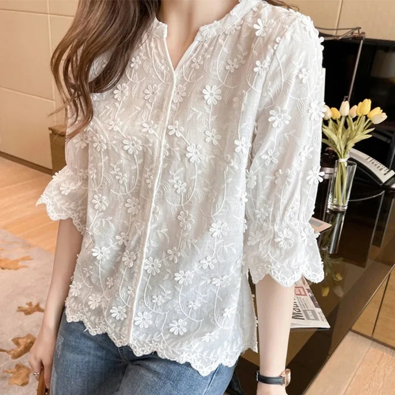 Women's Cotton Short Sleeve Lace Blouse, Summer Tops, Embroidery Floral, White Shirt, Fashion Casual Blouses, 9638