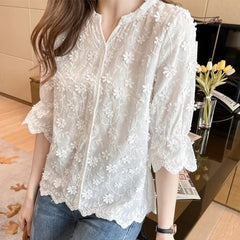 Women's Cotton Short Sleeve Lace Blouse, Summer Tops, Embroidery Floral, White Shirt, Fashion Casual Blouses, 9638