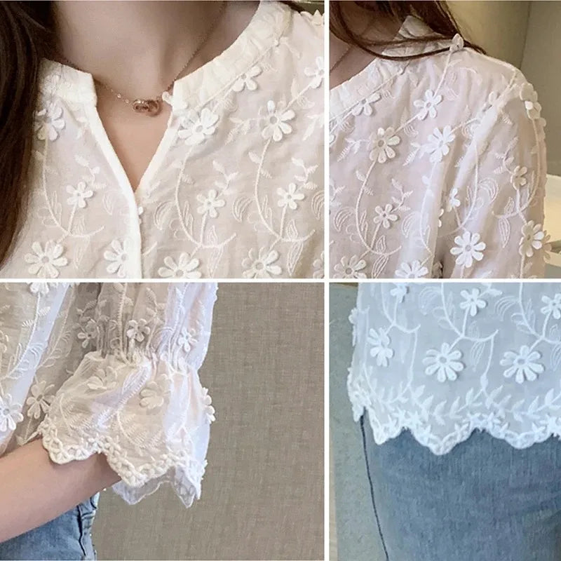Women's Cotton Short Sleeve Lace Blouse, Summer Tops, Embroidery Floral, White Shirt, Fashion Casual Blouses, 9638