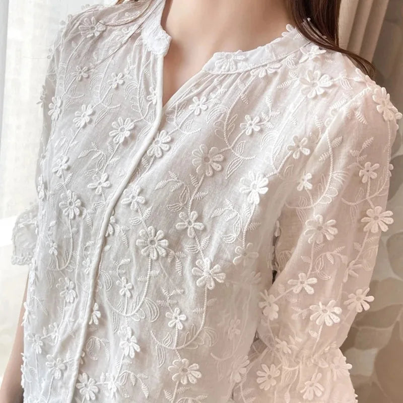 Women's Cotton Short Sleeve Lace Blouse, Summer Tops, Embroidery Floral, White Shirt, Fashion Casual Blouses, 9638